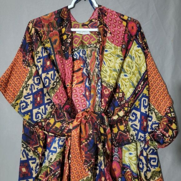Woven Heart Patchwork Print Kimono Shawl Coverup Kaftan Robe Dress Colorful OS - Picture 2 of 16